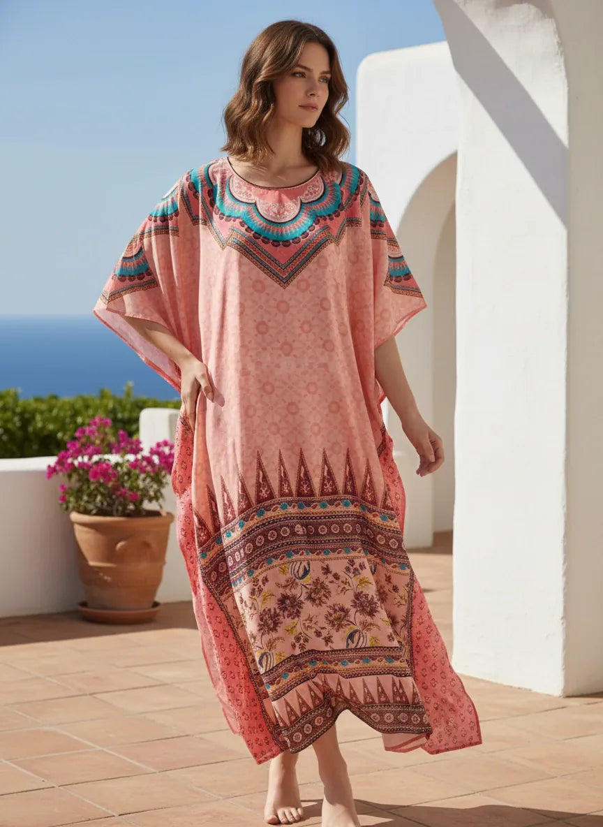 Peach Ethnic Printed Satin Loungewear Kaftan