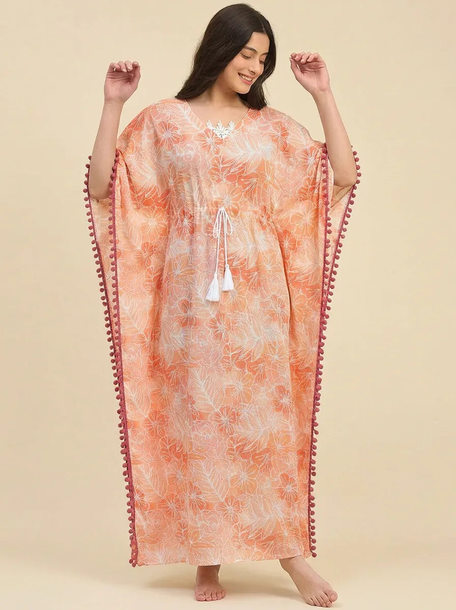 Peach Floral Print Cotton Kaftan with Pom-Pom Trim