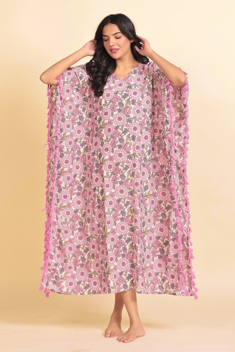 Pink and Grey Floral Print Cotton Kaftan with Tassel Side Borders