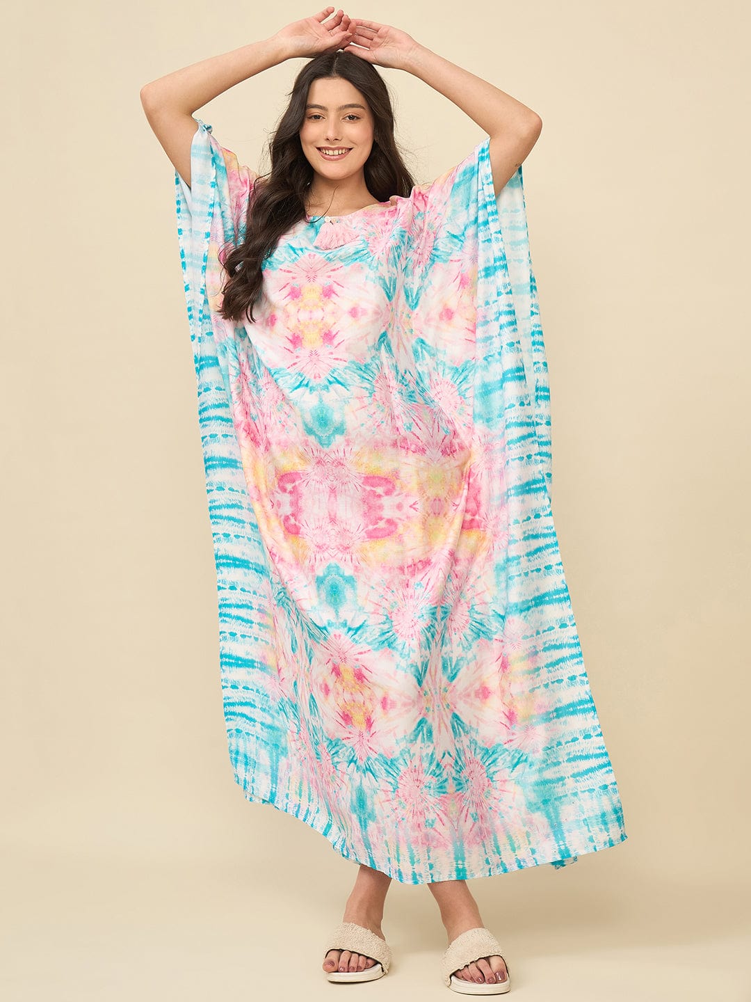 Pink & Aqua Printed Tie-Dye Cotton Kaftan with Tassel Detail