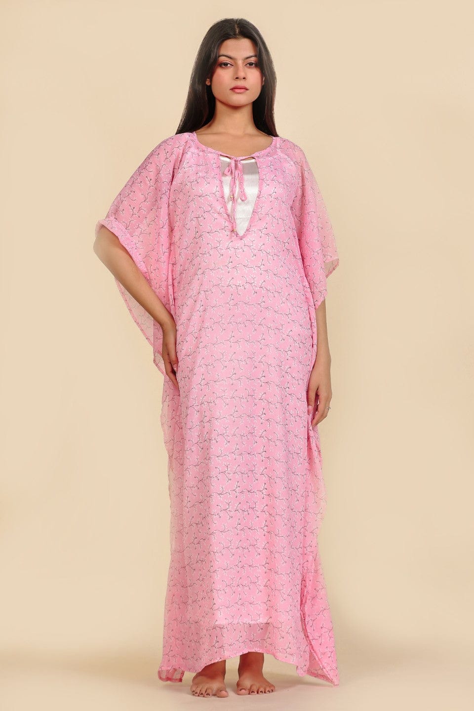 Pink Floral Chiffon Kaftan Nightdress with Satin Slip Inner