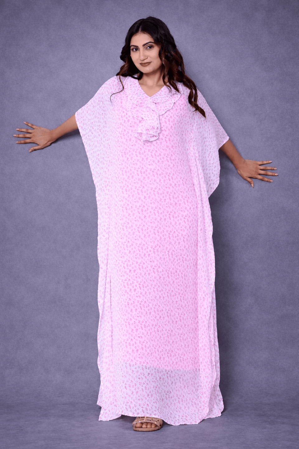 Pink Floral Chiffon Loungewear Kaftan with Crepe Slip