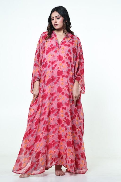 Pink Floral Georgette Hooded Loungewear Kaftan with Crepe Slip