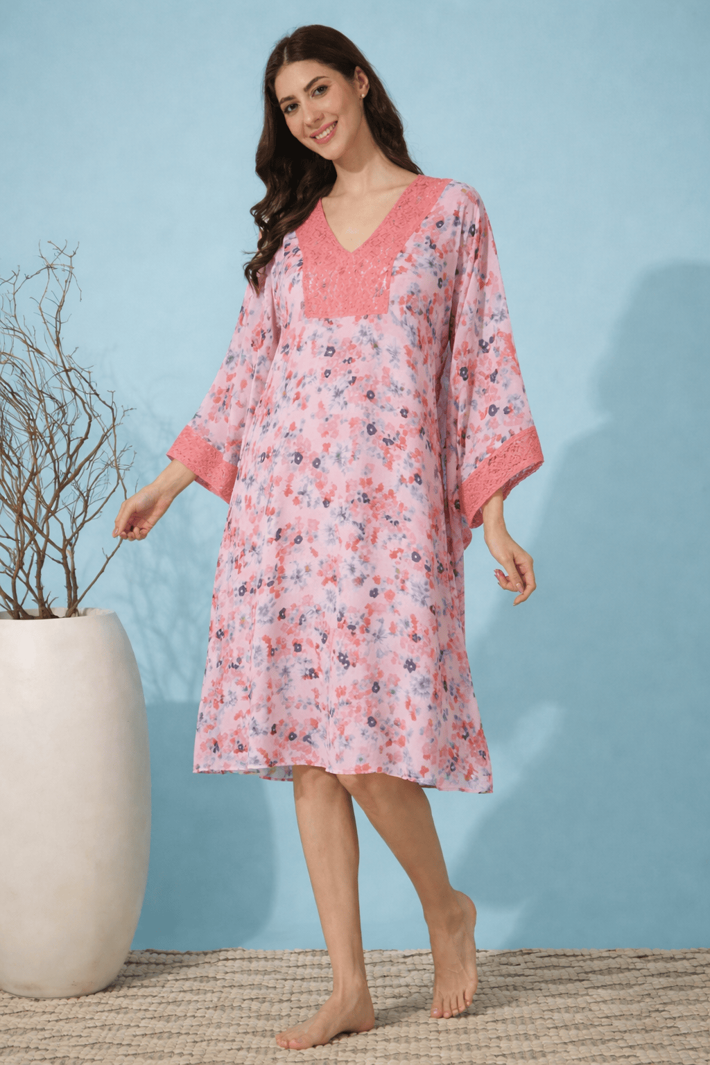 Pink Floral Print Georgette Loungewear Kaftan with Lace Trim