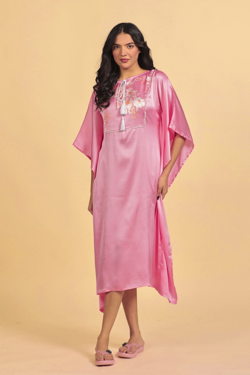 Pink Solid Lustrous Satin Kaftan Nightdress with Tassel Detail