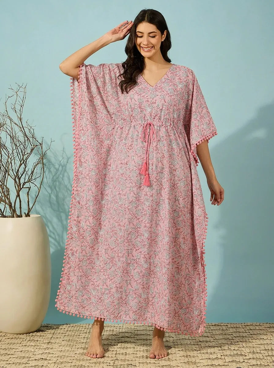 Pink Paisley Floral Drawstring Cotton Kaftan
