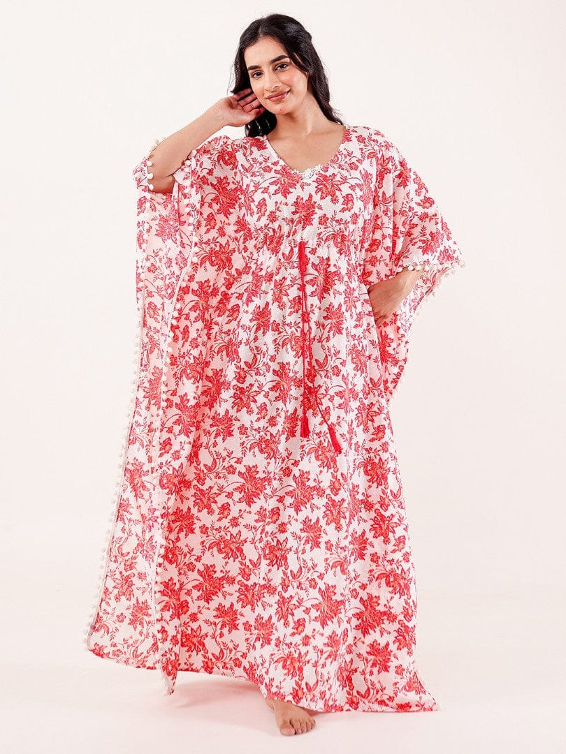 Red Floral Printed Cotton Loungewear Kaftan