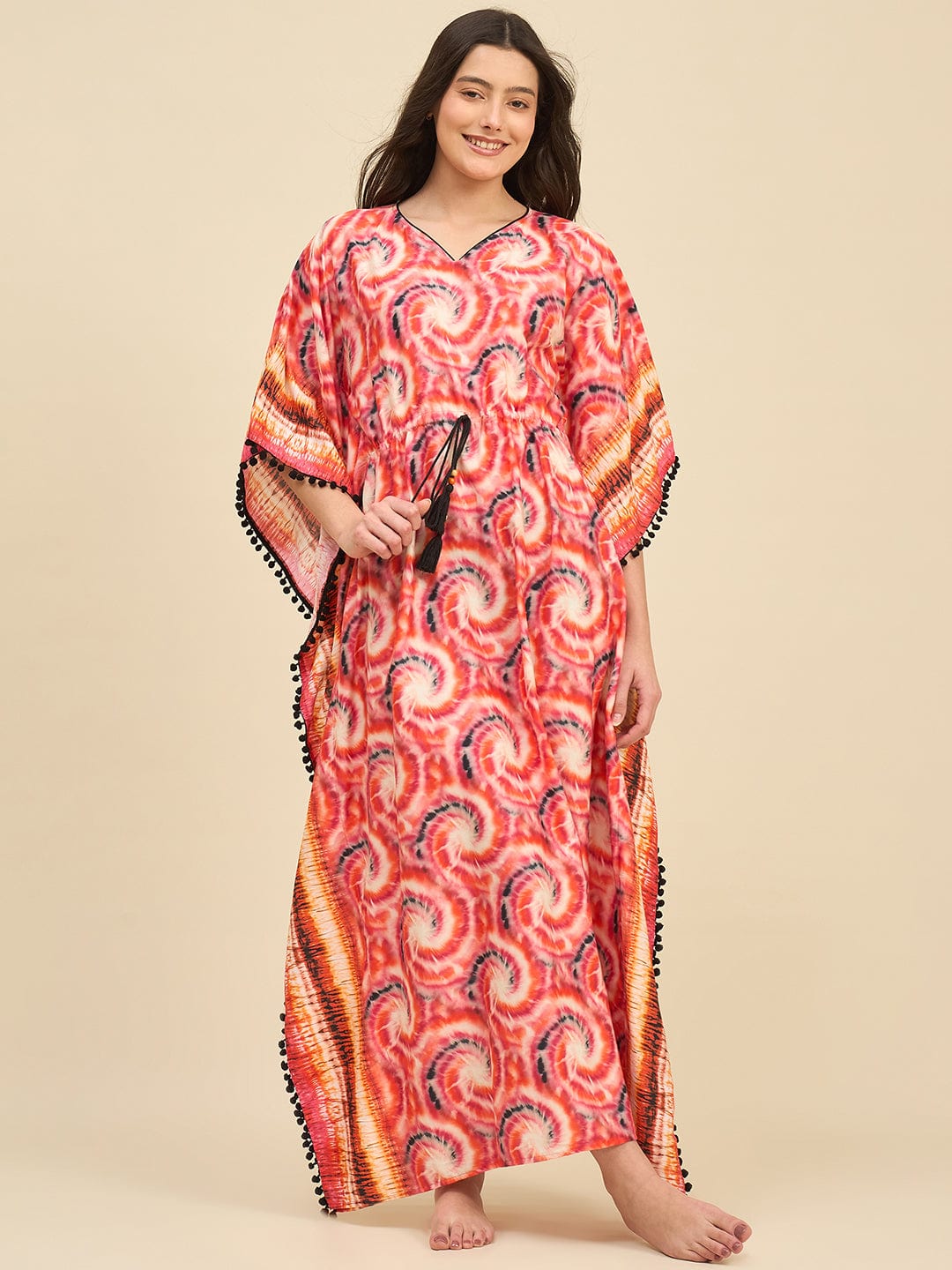 Red & Orange Printed Tie-Dye Cotton Kaftan with Pom-Pom Detailing