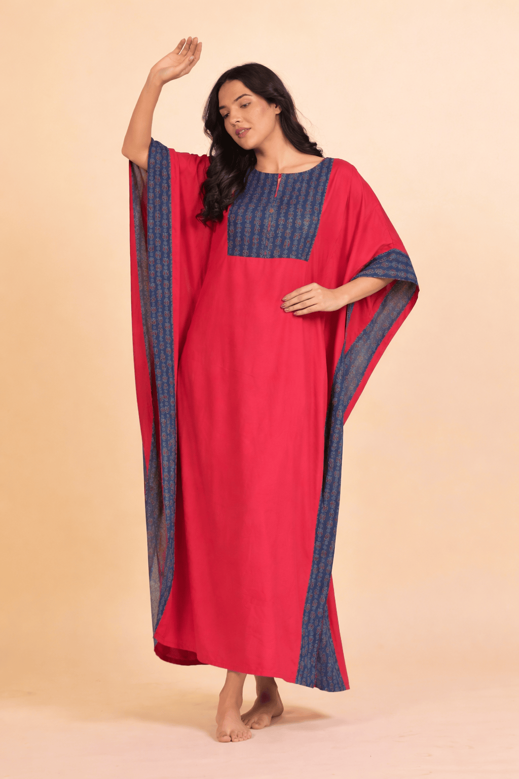 Red Solid Viscose Rayon Kaftan with Cotton Printed Border Detail