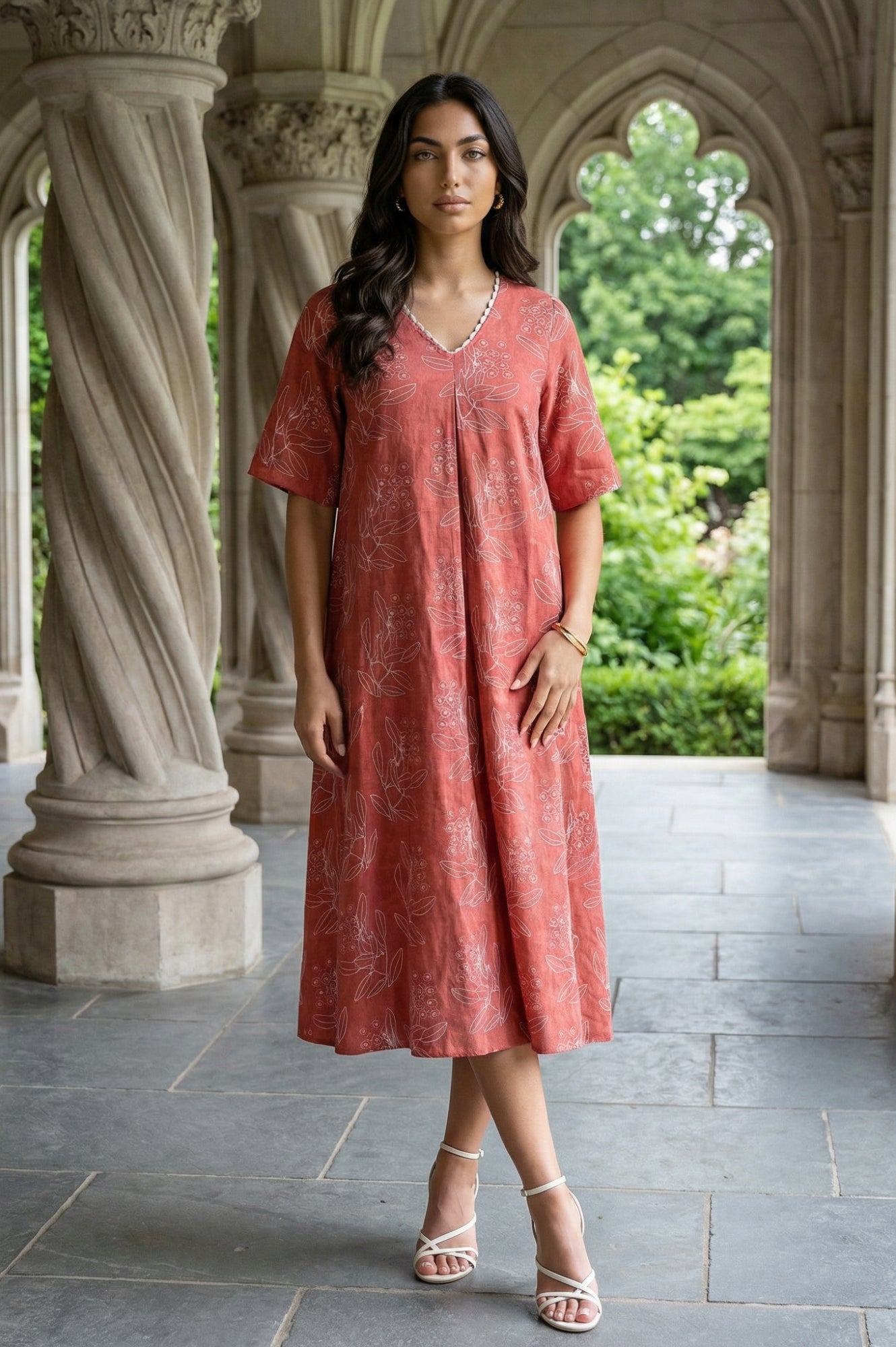 Rust Floral Printed Rayon A-line Dress
