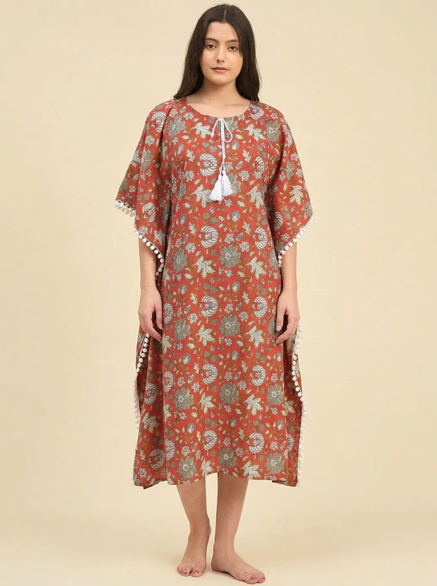 Rust Mughal Floral Print Cotton Kaftan with Pom-Pom Trim