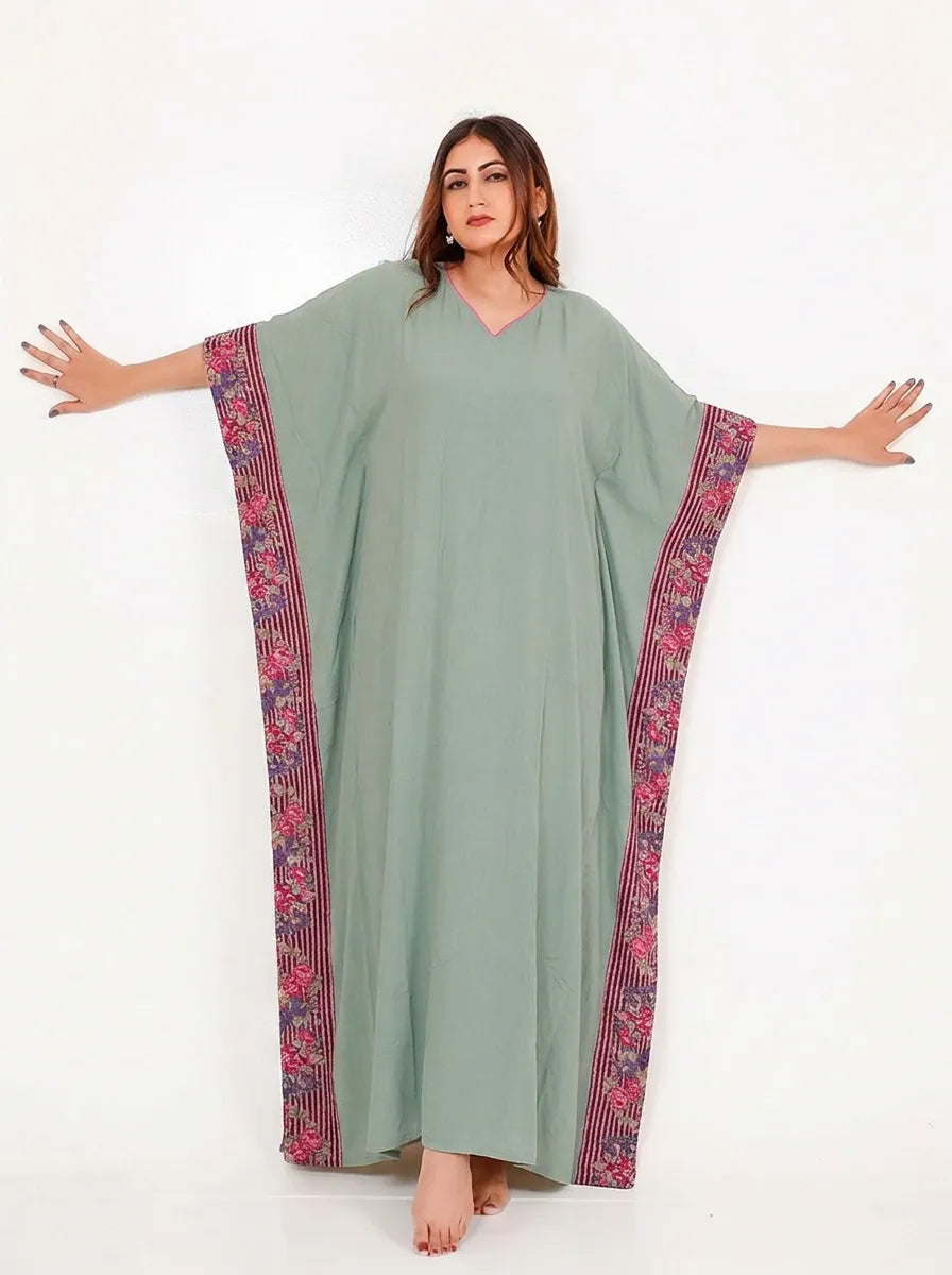 Sage Green Viscose Kaftan with Borders