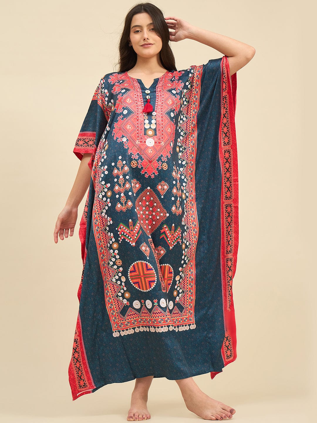 Teal & Coral Satin Nightwear Kaftan with Artistic Print & Pockets