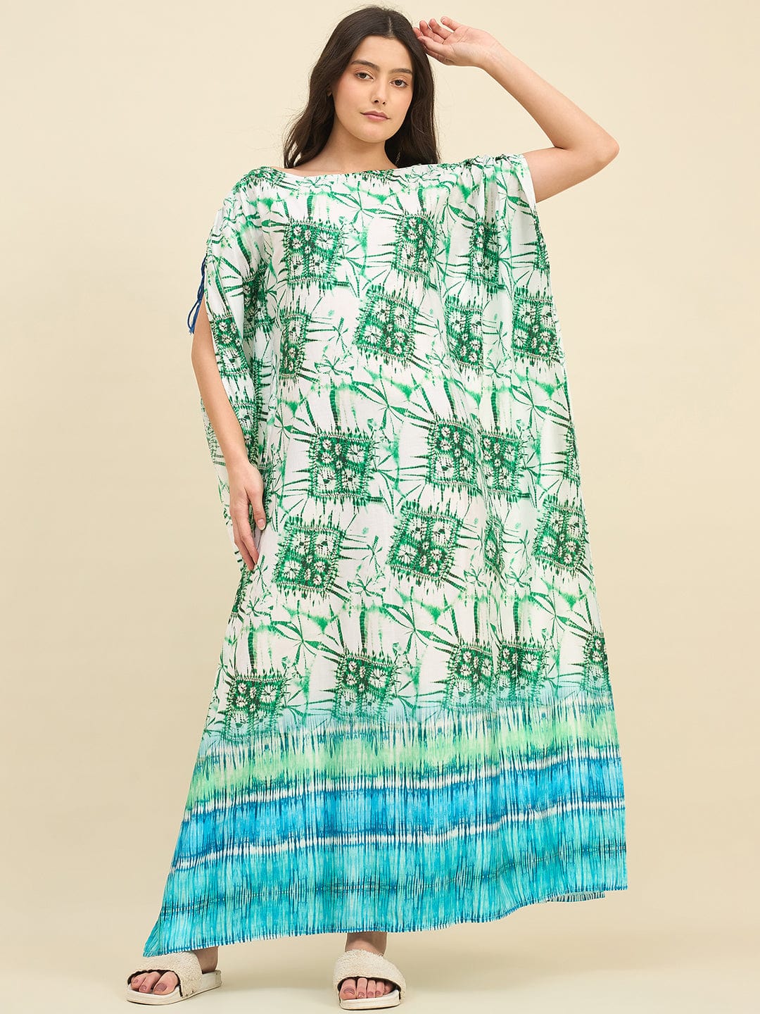 Sea Green & Blue Bamboo Pattern Tie-Dye Kaftan in Cotton