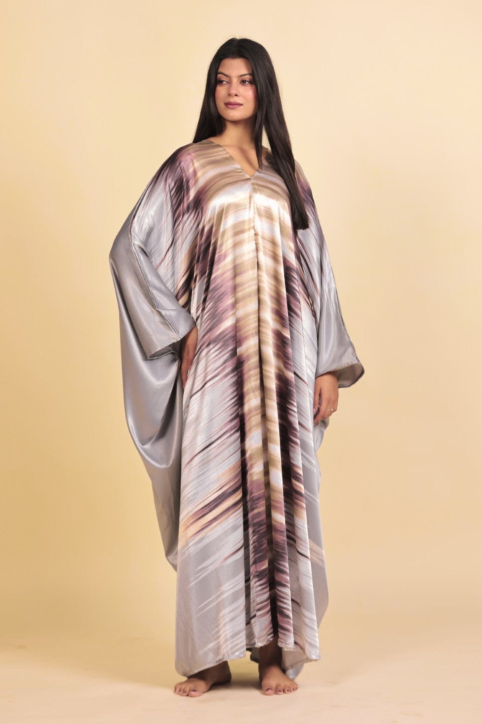 Silver and Plum Abstract Streak Print Satin Kaftan Nightdress