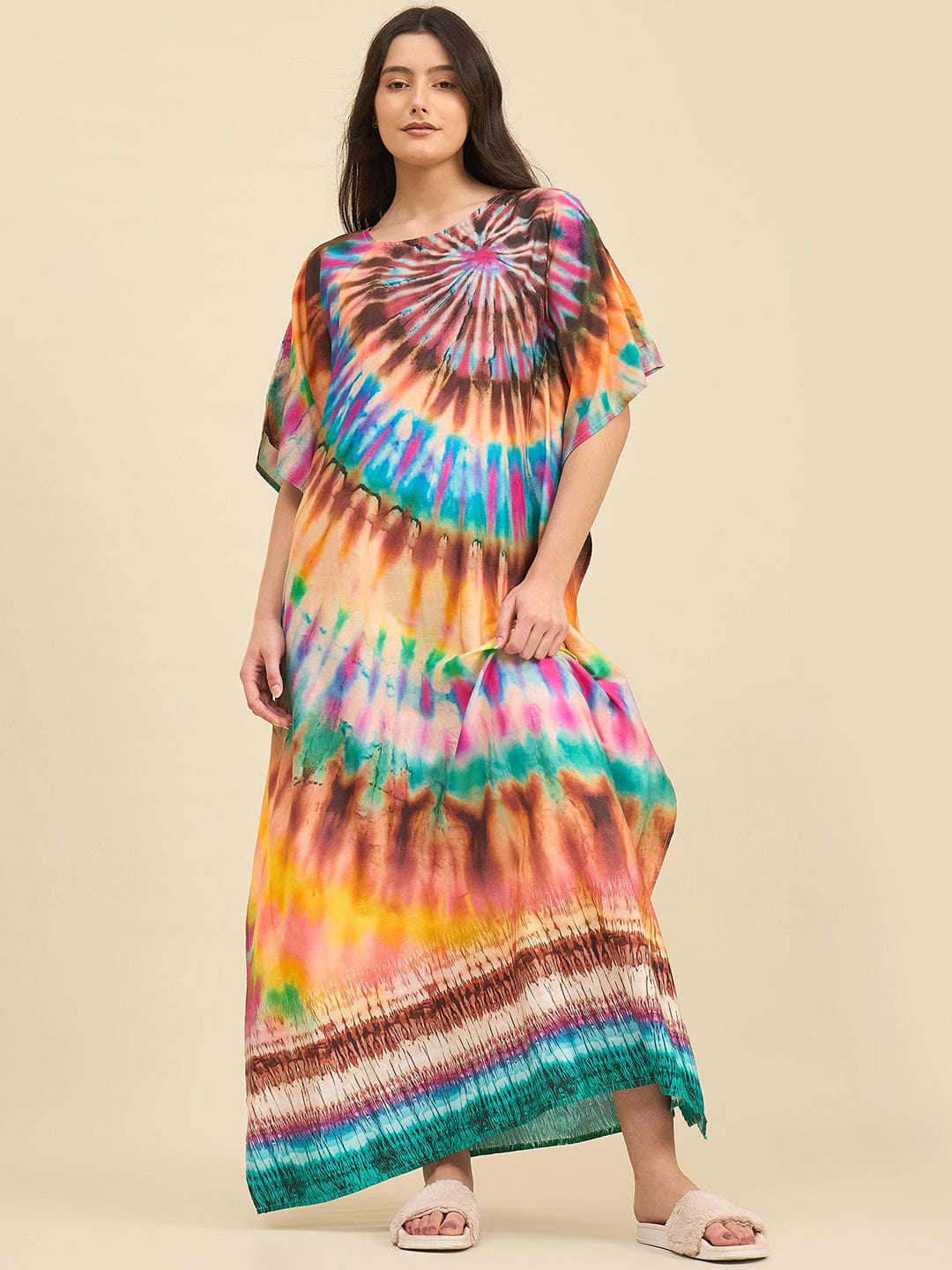 Sunset Swirl Tie-Dye Printed Cotton Kaftan