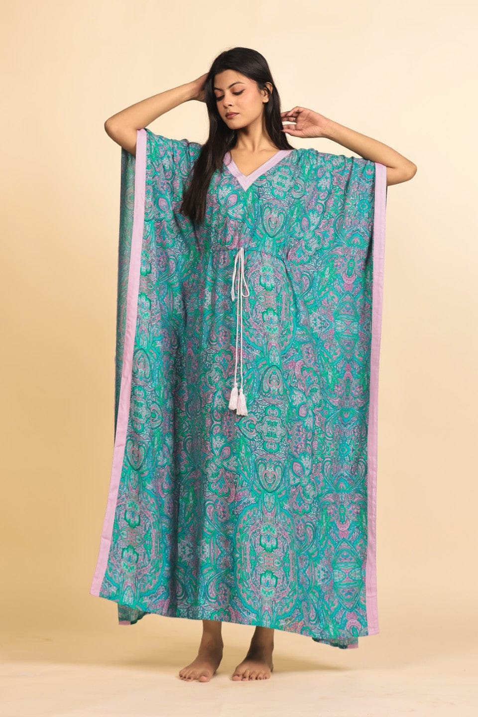 Teal and Lilac Paisley Print Viscose Rayon Kaftan with Tassel Drawstring