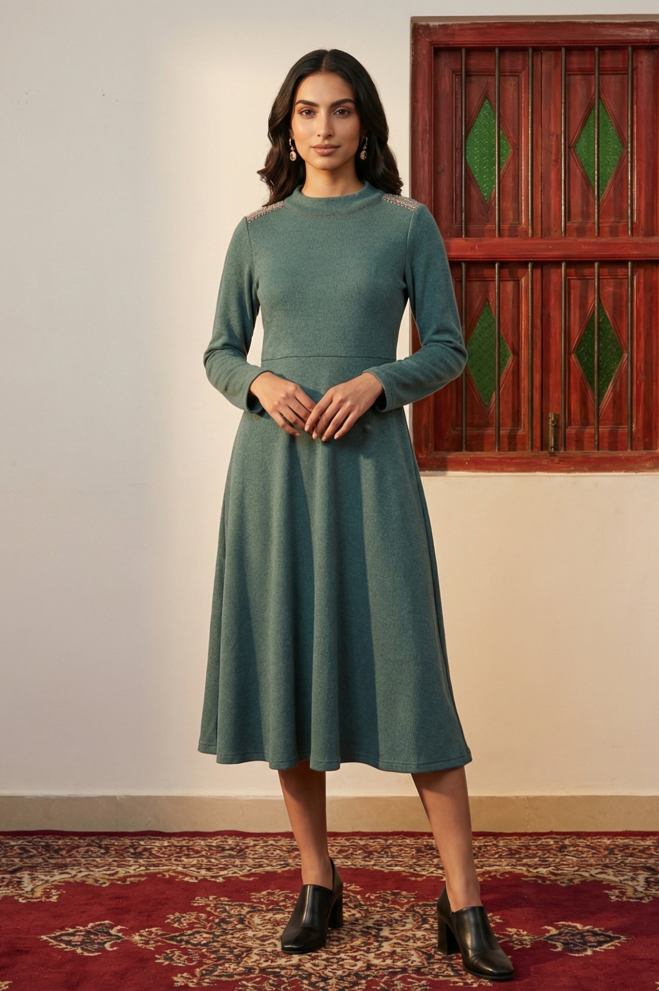 Teal Solid Beadwork Flared Winter Dress