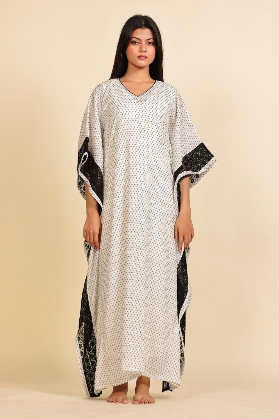 White and Black Geometric Print Georgette Kaftan with Black Lace Trim