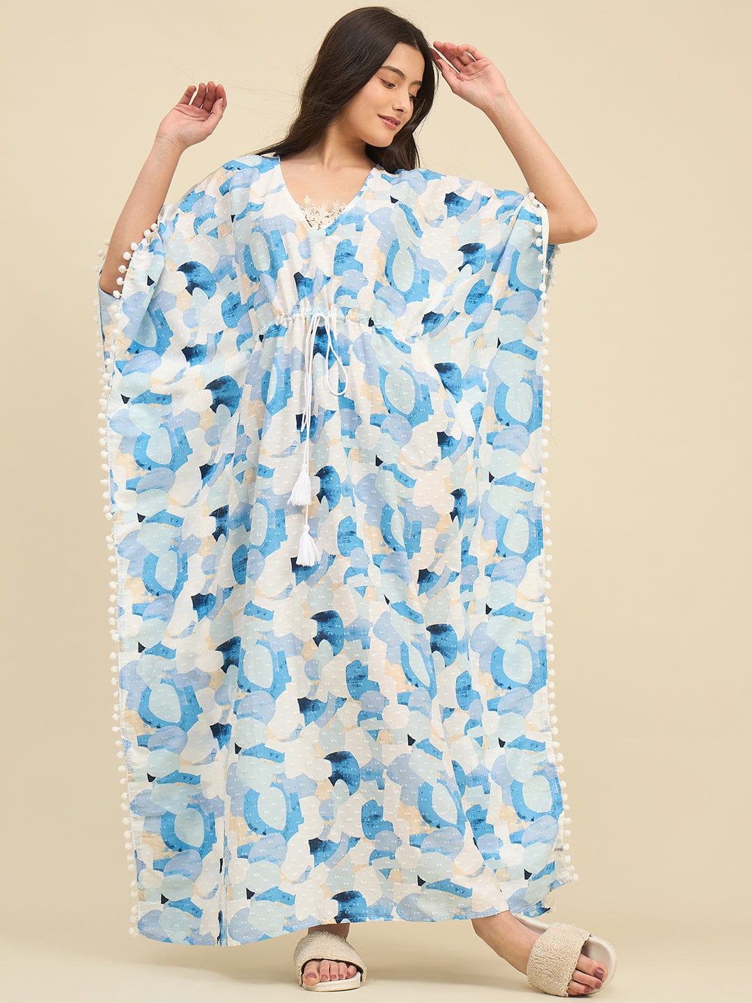 White & Blue Printed Cotton Kaftan – Lace Trim Neckline & Pom-Pom Edges