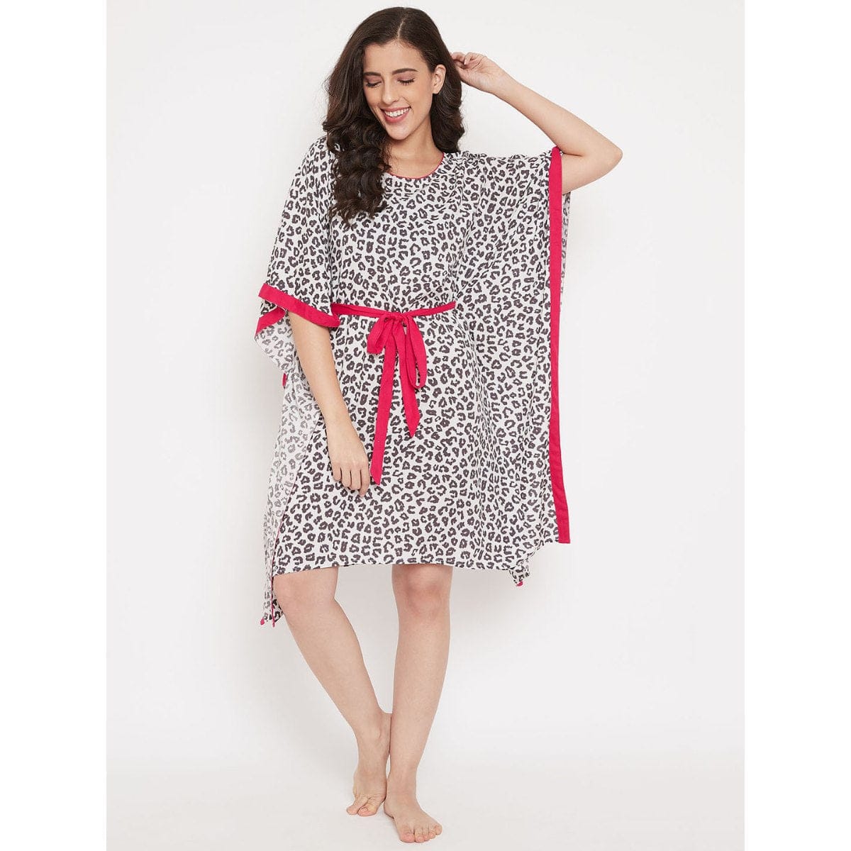 White Leopard Print Modal Nightwear Kaftan