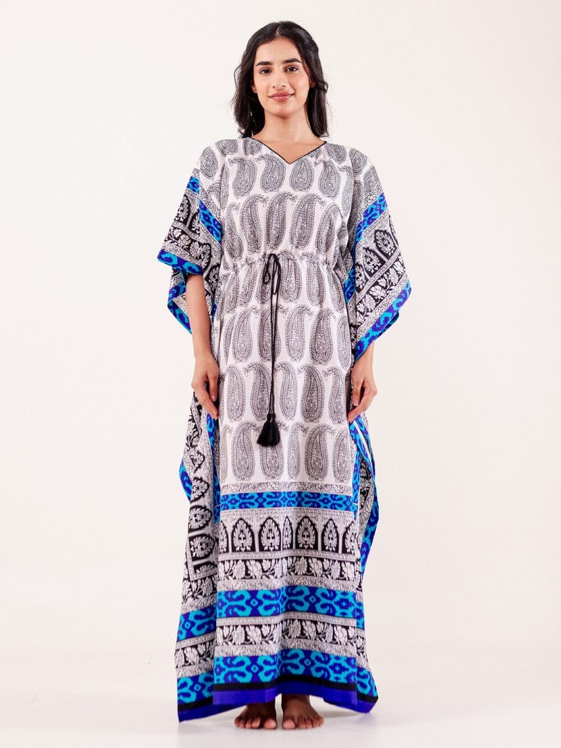 White Paisley Printed Loungewear Kaftan