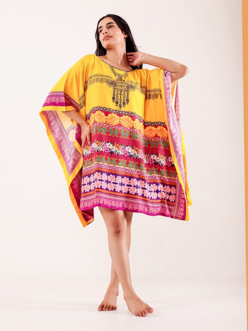 Yellow Ethnic Floral Printed Modal Kaftan