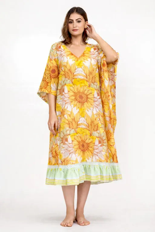 Yellow Floral Viscose Kaftan with Ruffle Hem