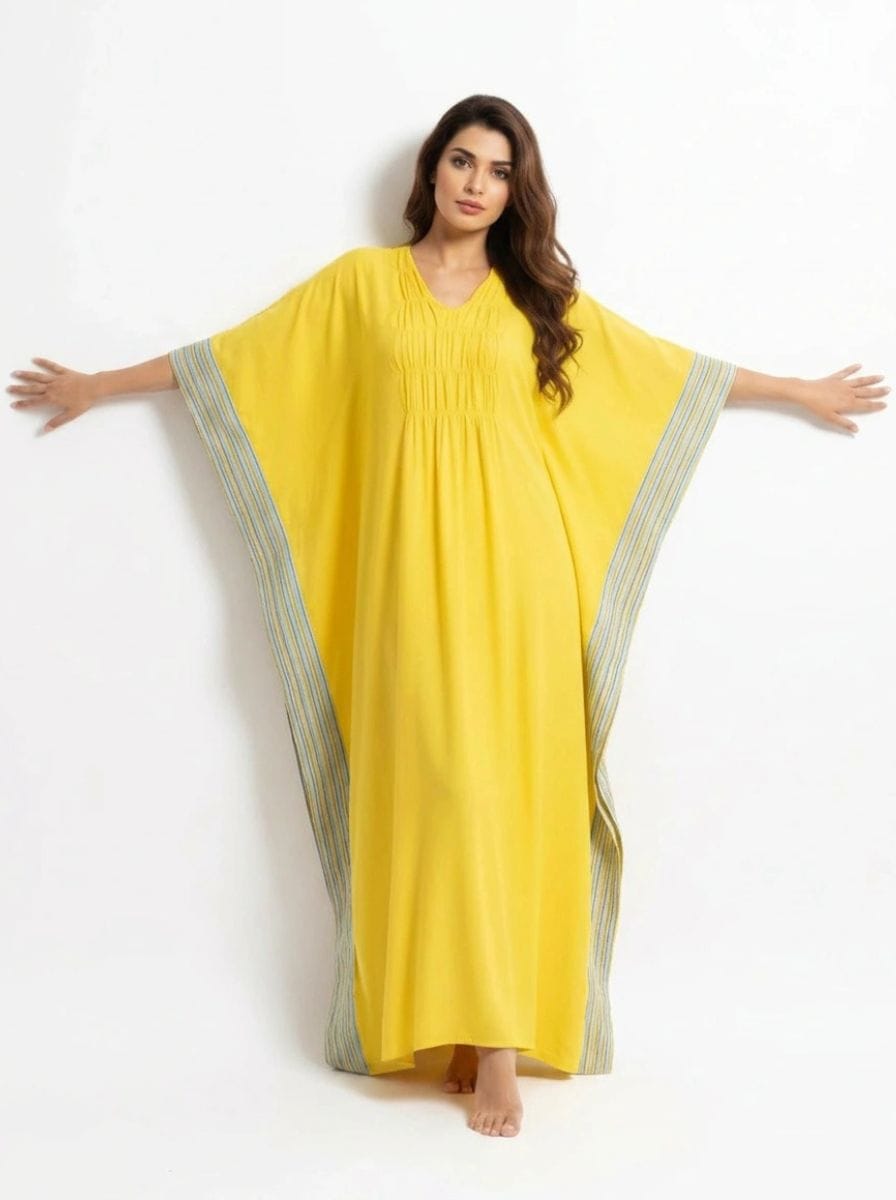 Yellow Viscose Linen Blend Kaftan with Contrast Border