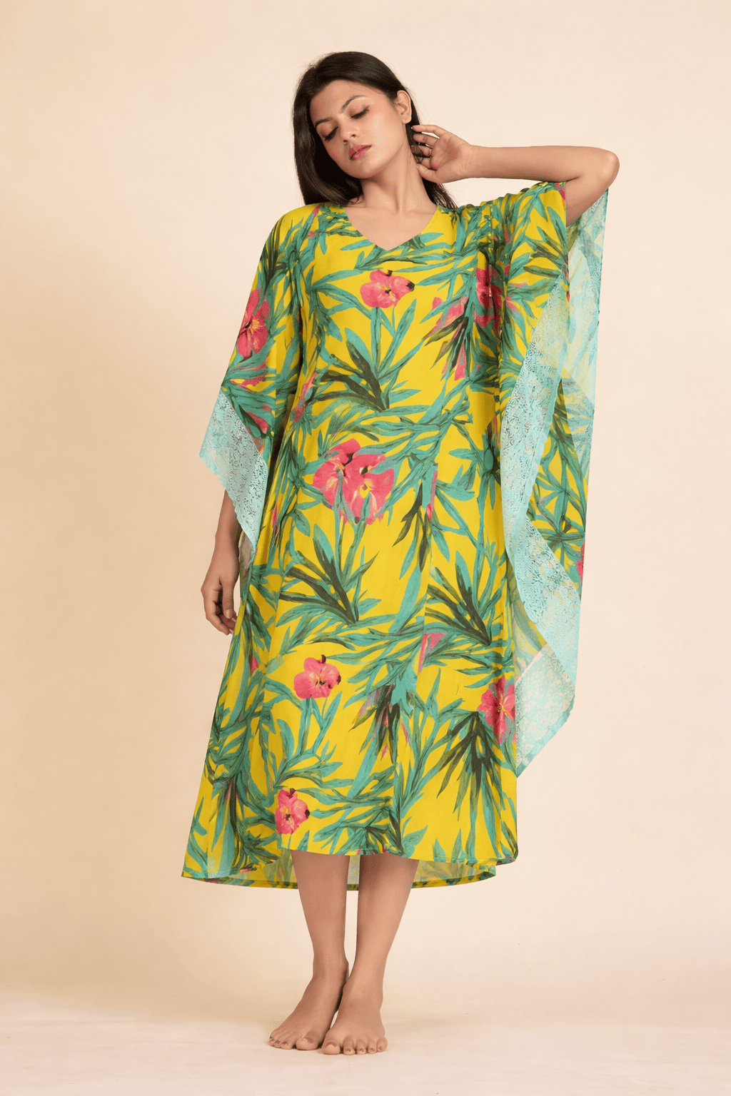 Yellow Tropical Print Polyester Crepe Loungewear Kaftan